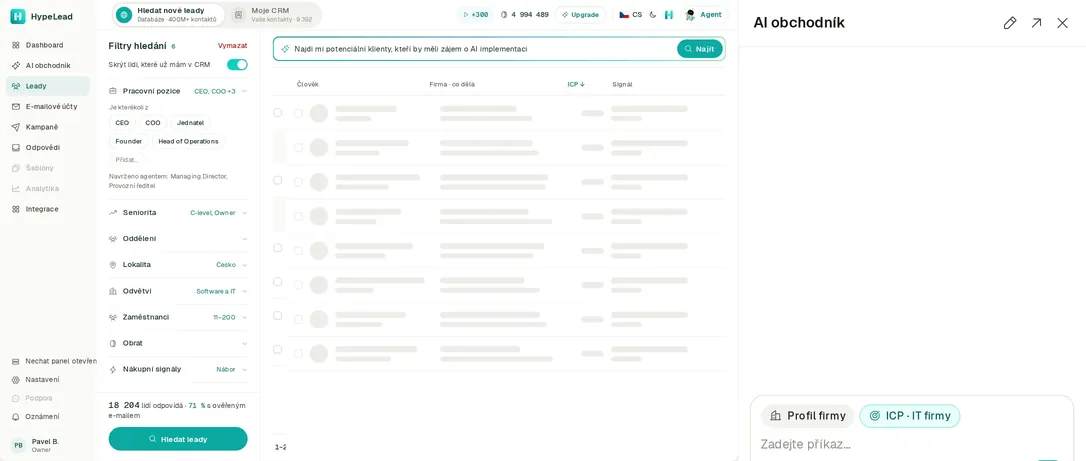 AI salesperson in the app: receives your sentence “Find me owners of IT companies in Brno, 20 to 200 people”.