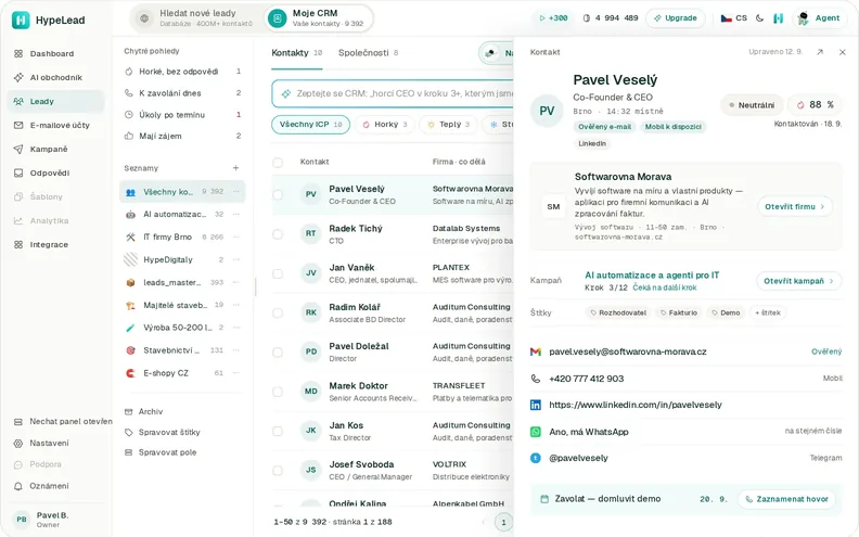 HypeLead app, built-in CRM: contact detail of Pavel Veselý with company, campaign and verified email.