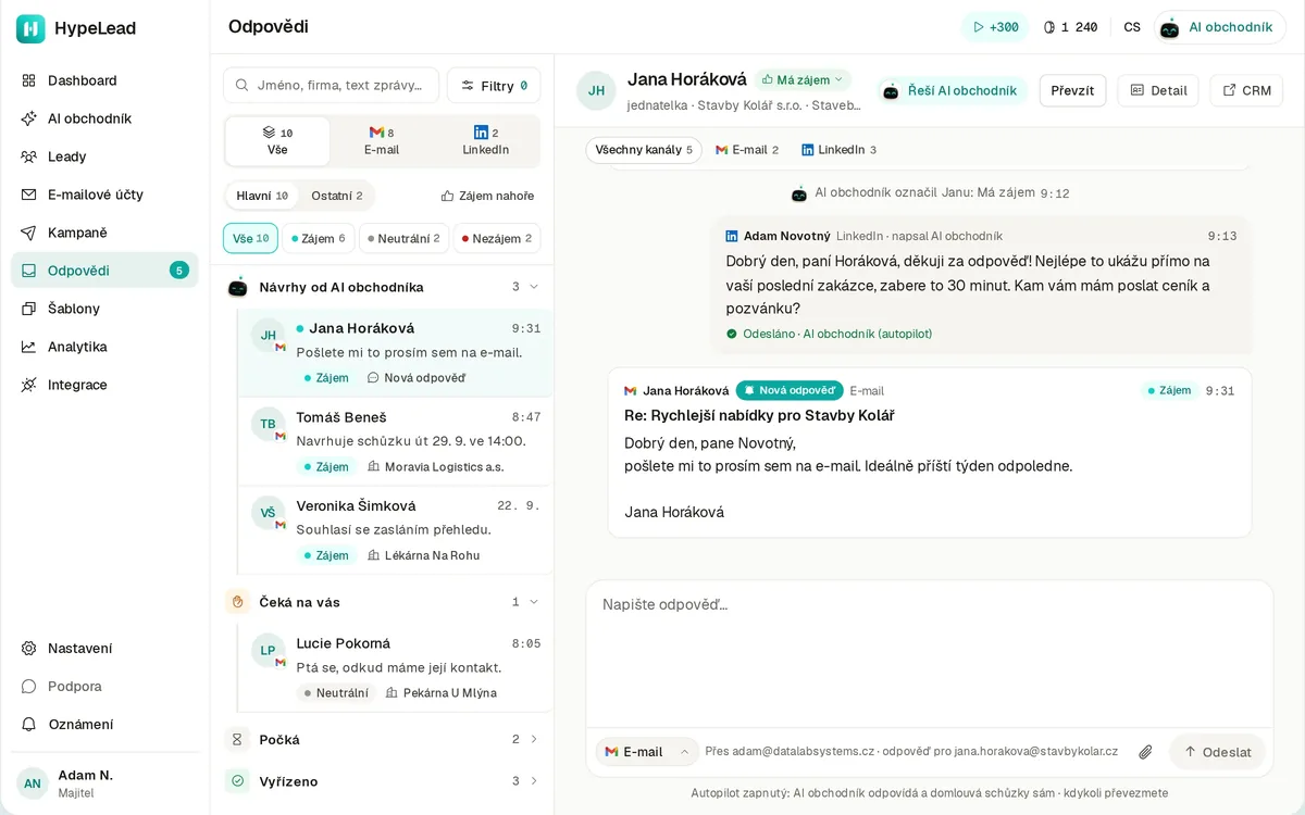 HypeLead app, Replies: Jana Horáková replied asking for prices and the AI salesperson tagged her “Interested”.