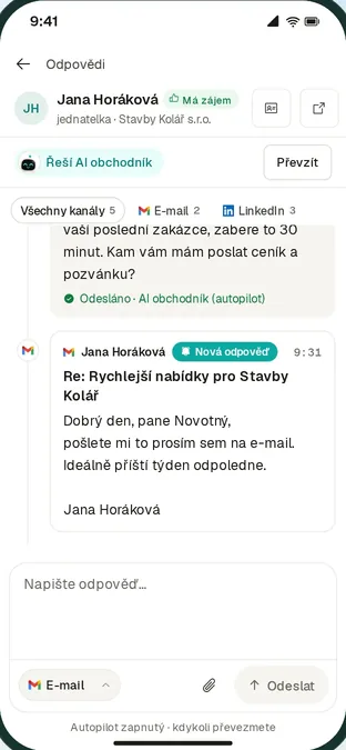 HypeLead mobile app, Replies: Jana Horáková replied asking for prices and the AI salesperson tagged her “Interested”.