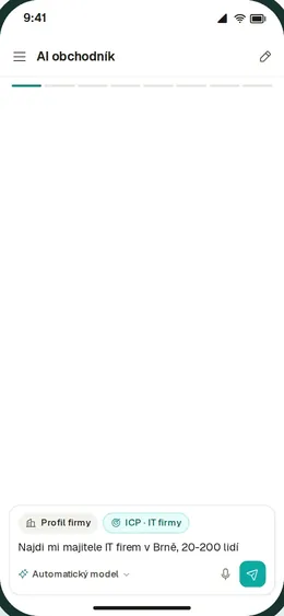 AI salesperson in the app: receives your sentence “Find me owners of IT companies in Brno, 20 to 200 people”.