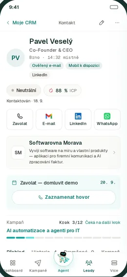 HypeLead app, built-in CRM: contact detail of Pavel Veselý with company, campaign and verified email.