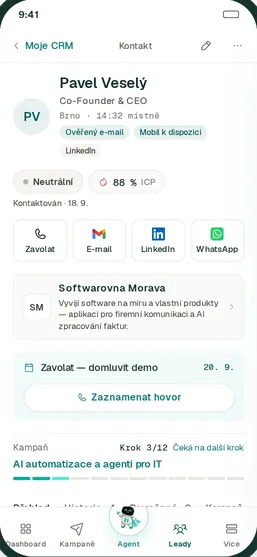 HypeLead mobile app, built-in CRM: contact detail of Pavel Veselý with company, campaign and verified email.