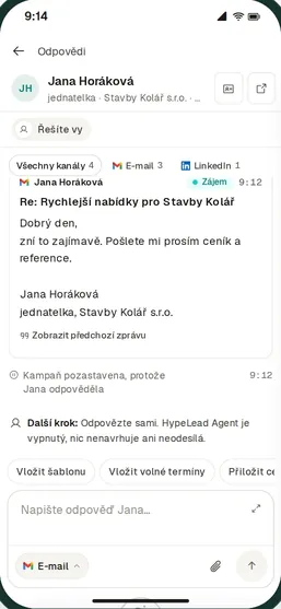 HypeLead mobile app, Replies: email and LinkedIn in one inbox with a drafted answer.