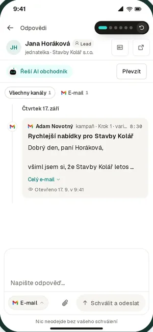 HypeLead app, Replies: outreach: the AI salesperson sent Jana Horáková the first email.