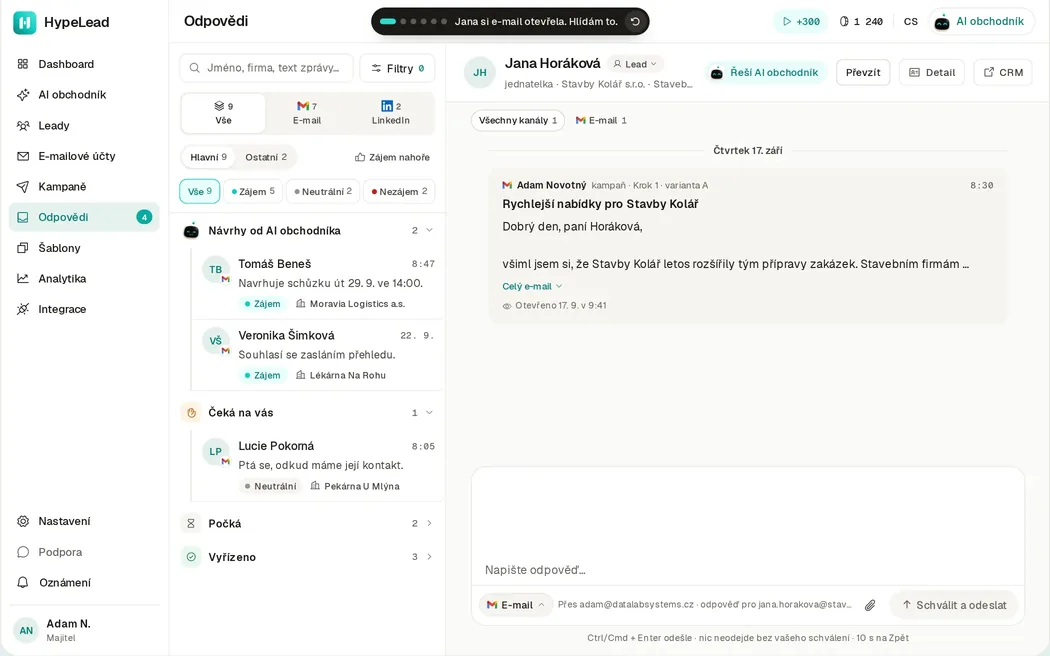 HypeLead app, Replies: outreach: the AI salesperson sent Jana Horáková the first email.